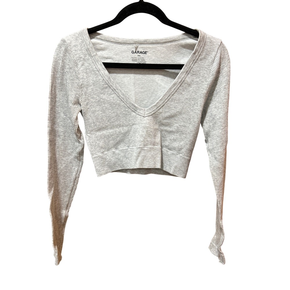 Garage Womens V-Neck Ribbed Long Sleeve Crop Top Heather Gray Size M 100085856